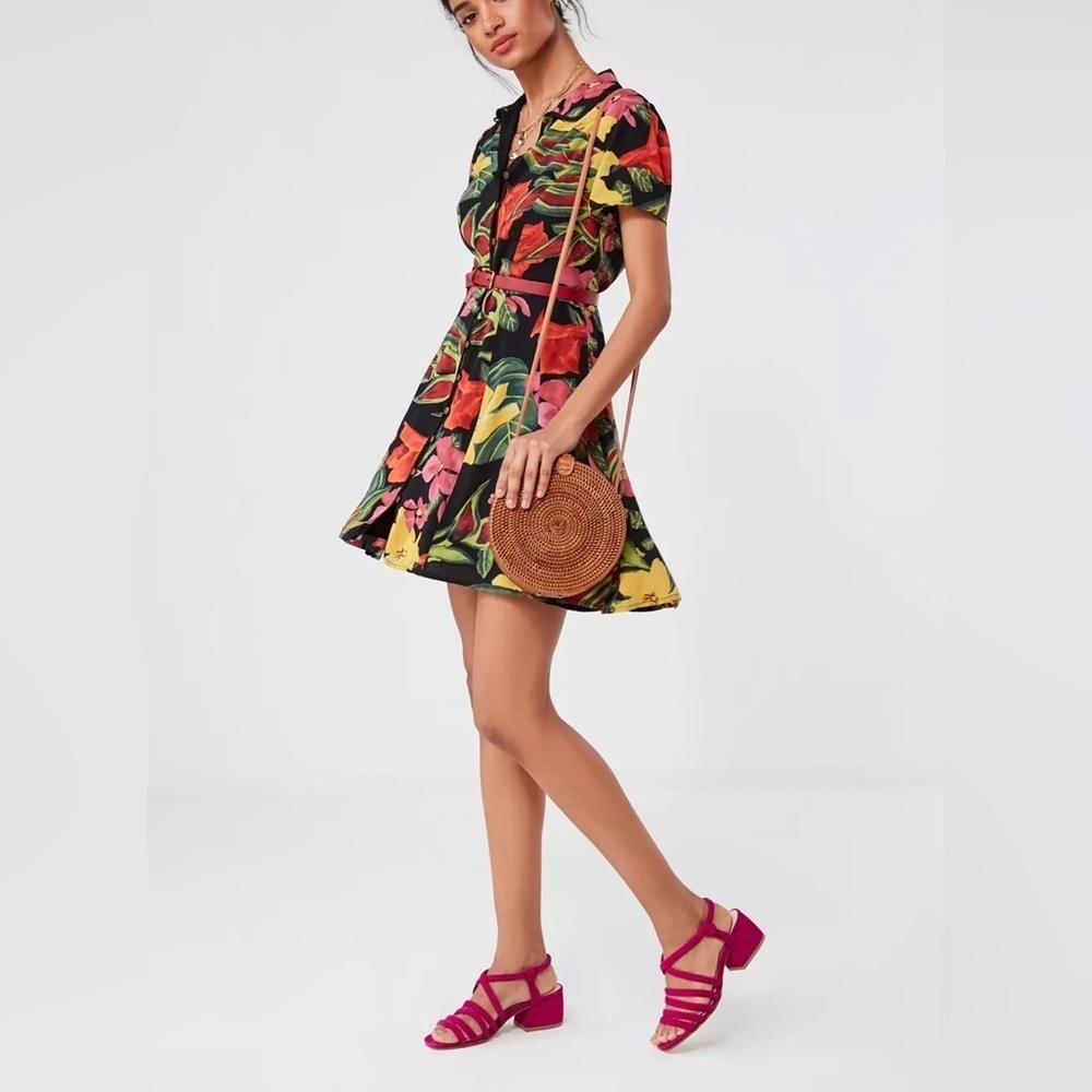 Urban Outfitters - Black Bright Floral Romantic Croquet Button Down Mini Dress S